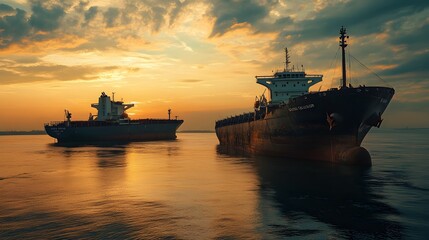 Fototapeta premium Majestic cargo ships maneuvering at sunset, reflecting vibrant colors on tranquil waters, perfect for nautical themes.