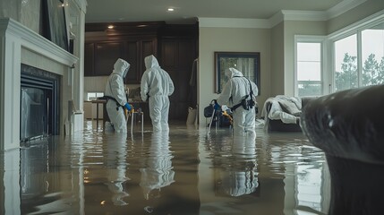 A professional restoration crew using specialized equipment to dry out a flooded house, high-tech tools in action