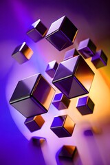 3D cubes in motion with a gradient purple and orange background