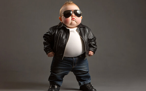 Baby wearing a leather jacket and sunglasses with a cool biker attitude, combining toddler features with fashionable biker-style clothing for a humorous and bold look, street setting with blurred back