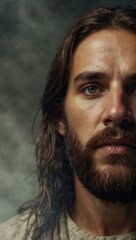 Portrait of Jesus on a foggy background with space for text.
