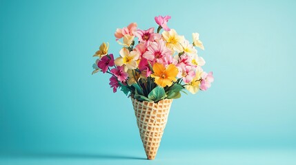   An ice cream cone adorned with colorful blooms against a blue backdrop, featuring a shadow of the cone beneath it