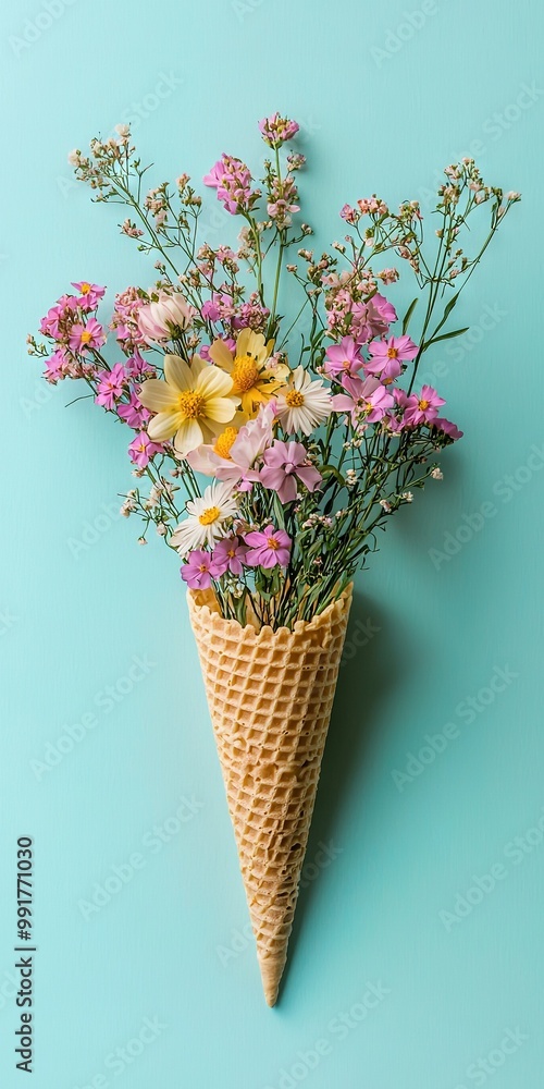 Canvas Prints   Ice cream cone with flowers in blue background