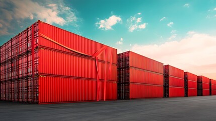 Fototapeta premium Vibrant red shipping containers stacked in an organized manner under a clear sky, showcasing industrial storage and transport.