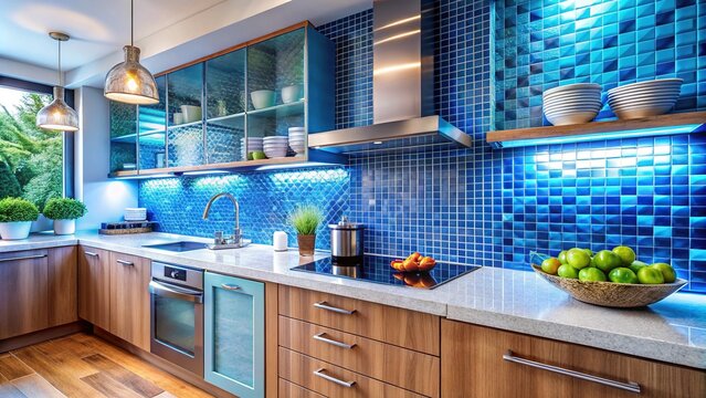 Elegant Blue Backsplash in Modern Kitchen Design Featuring Tiles and Contemporary Decor Elements