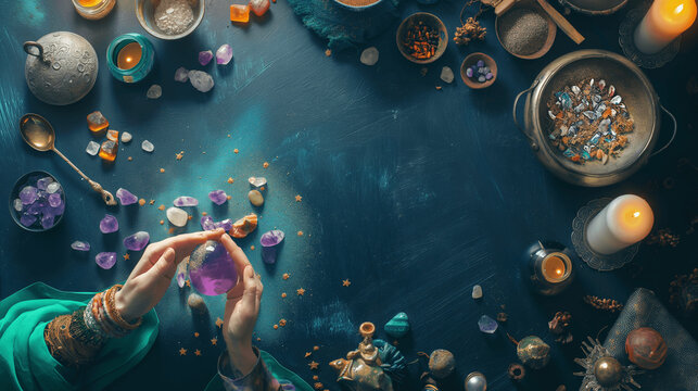 Witches hands on a table ready for spell work. Wiccan witch altar filled with sage smudge sticks, herbs, white candles. Female witch wearing vintage jewelry, holding citrine crystal rock in her hands