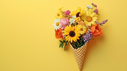   An ice cream cone with a yellow background holds a bouquet of flowers and a red bow at its top