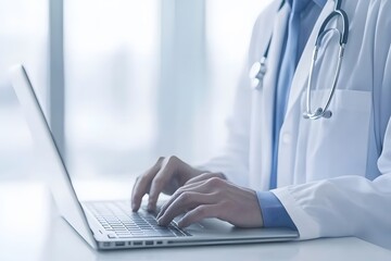 
A doctor and a patient having a virtual consultation on a laptop, modern healthcare technology, clean minimalist room, soft natural lighting