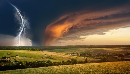 Obraz premium Dramatic Storm And Tornado. A dramatic storm at sunset producing a powerful tornado twisting
