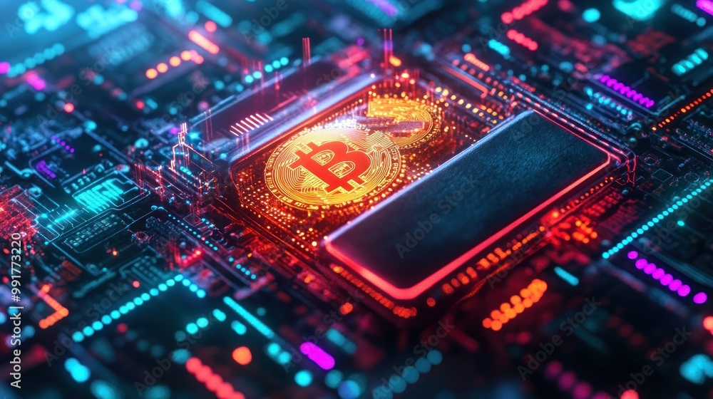 Poster bitcoin cryptocurrency symbol embedded on a futuristic circuit board, representing digital currency 