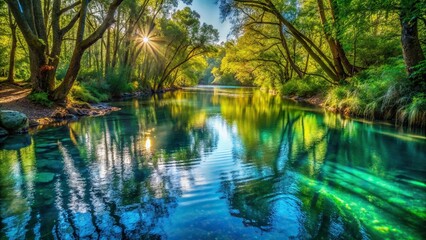 Obraz premium Teal colored creek water in the afternoon sunlight reflected, afternoon, stream, water surface, landscape, serene, blue, picturesque, river, natural, nature, peaceful, green,teal