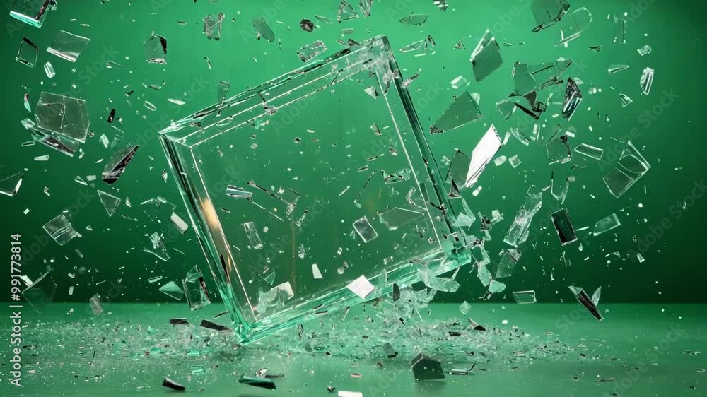 Poster shards of glass exploding outward from a glass cube on a green screen background, perfect for visual