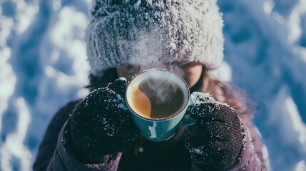   A woman holds a steaming cup of coffee aloft in the snowy landscape with both hands raised
