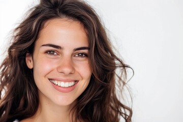 Naklejka premium Dark brown hair woman portrait on white background, focusing on beauty and wellness.