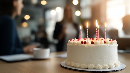 Birthday cake with lit candles on office table, coworkers celebrating in background with blurred focus, festive atmosphere.