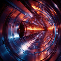 Advanced particle accelerator tunnel with glowing elements and metallic surfaces