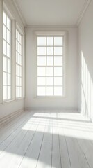   An uncluttered space boasting pure white walls, wooden floorboards, and a massive window centered within