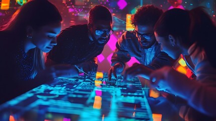 Vibrant Cybersecurity Teamwork Diverse Coworkers Collaborating in 3D Data Visualization with Playful Abstract Elements