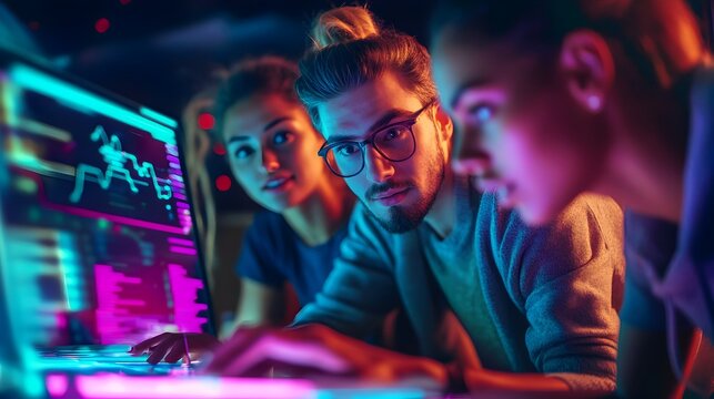 Vibrant Cybersecurity Teamwork with Diverse Coworkers Collaborating on 3D Data Visualization