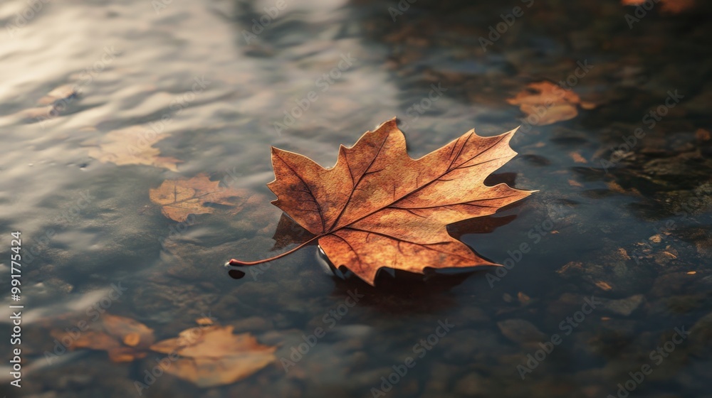 Poster single maple leaf floating on a tranquil stream, a symbol of autumn's gentle transition.