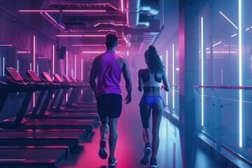 Obraz premium A couple exercising together on a treadmill, perfect for health and fitness themes