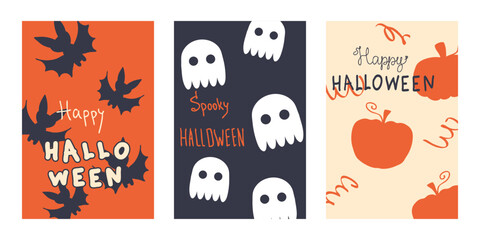 Retro style vector Halloween posters collection. Perfect template for banner, card, label, flyer, sale. Hand drawn illustration.