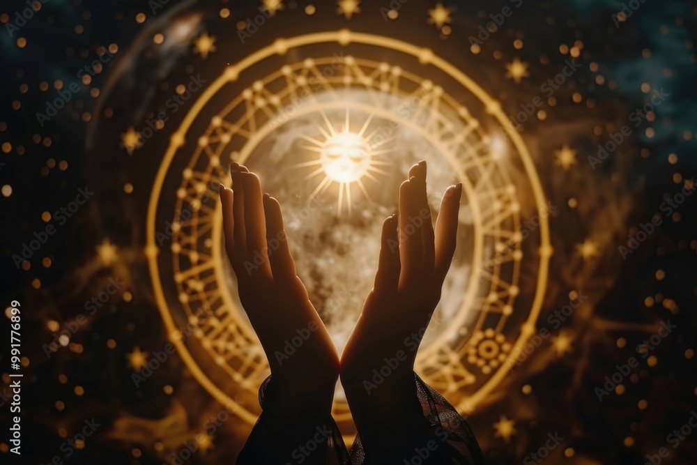 Poster a person holds their hands up in front of a glowing orb, possibly symbolizing protection or guidance