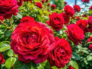 Lush Blooming Deep Red Roses in Full Bloom with Green Leaves on a Soft Focus Background