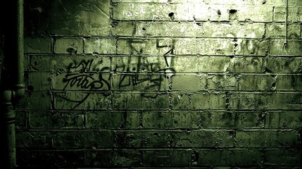 Obraz premium A grungy wall adorned with graffiti, featuring a central light and a door