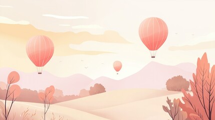 Fototapeta premium Hot air balloons soar above desert trees and bushes in a stunning painting
