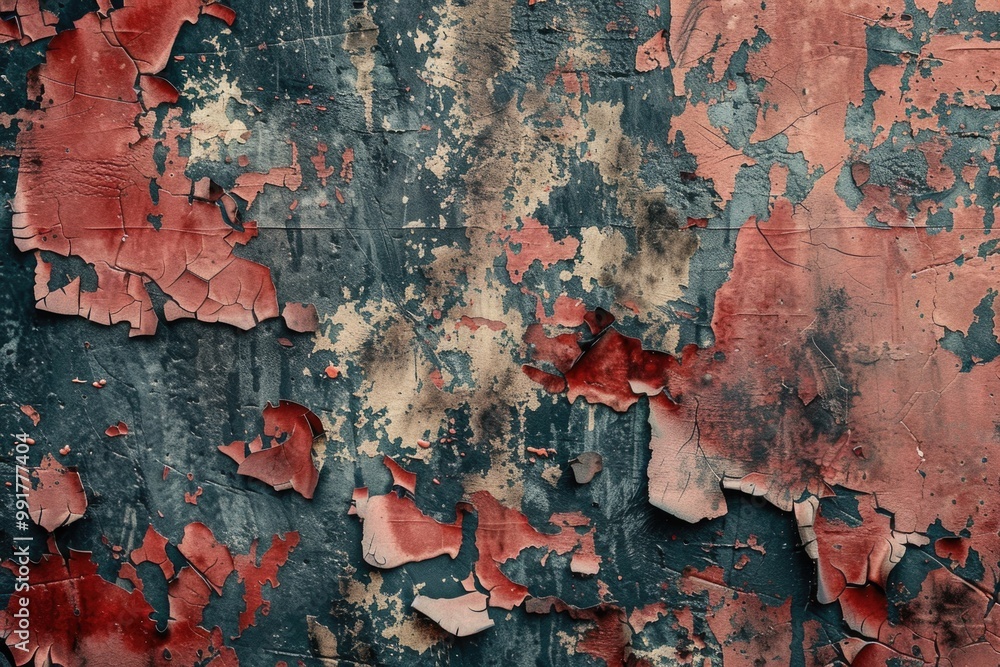 Poster a close-up of a red and black wall with peeling paint, suitable for use in interior design or archit