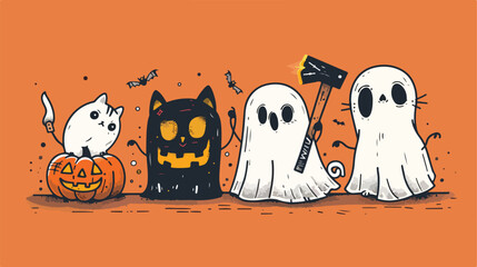 Ghost Pumpkin Head with Baseball Bat Cat with Knife