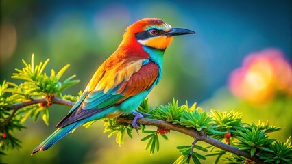 Obraz premium Majestic Bird Perched on a Branch Against a Clear Sky with Lush Green Foliage in the Background