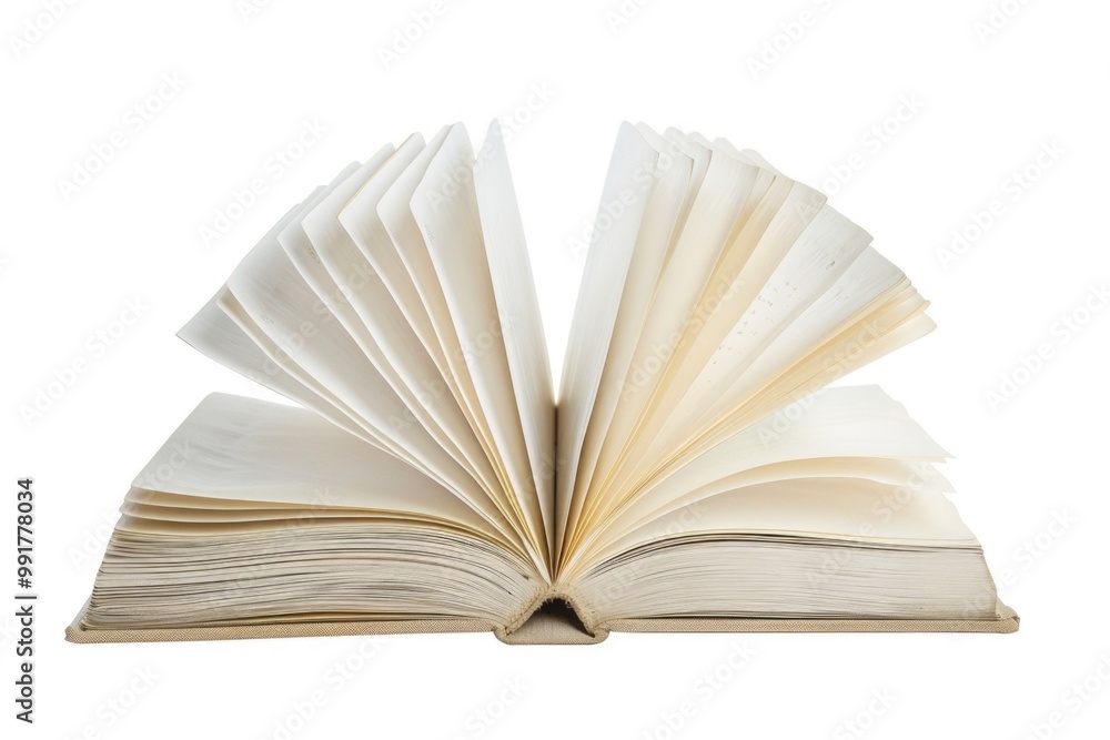 Poster an open book lying on a clean and smooth white surface, ideal for educational or academic contexts