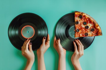 Hands holding a slice of pizza and a record, ideal for food or music related concepts