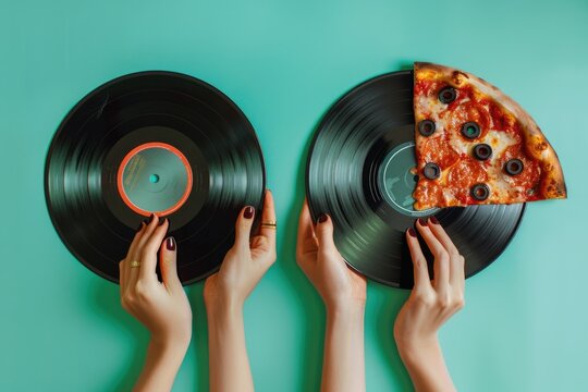 Hands holding a slice of pizza and a record, ideal for food or music related concepts