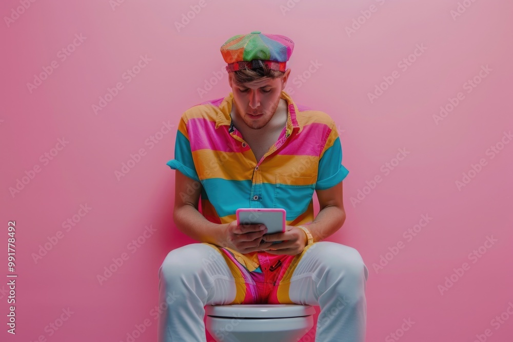 Poster a person sitting on the toilet using their smartphone, possibly taking or checking messages