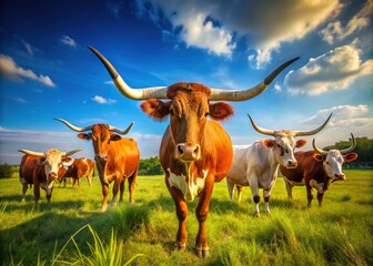 Majestic longhorn cows grazing peacefully in a sunlit pasture with a clear blue sky above them