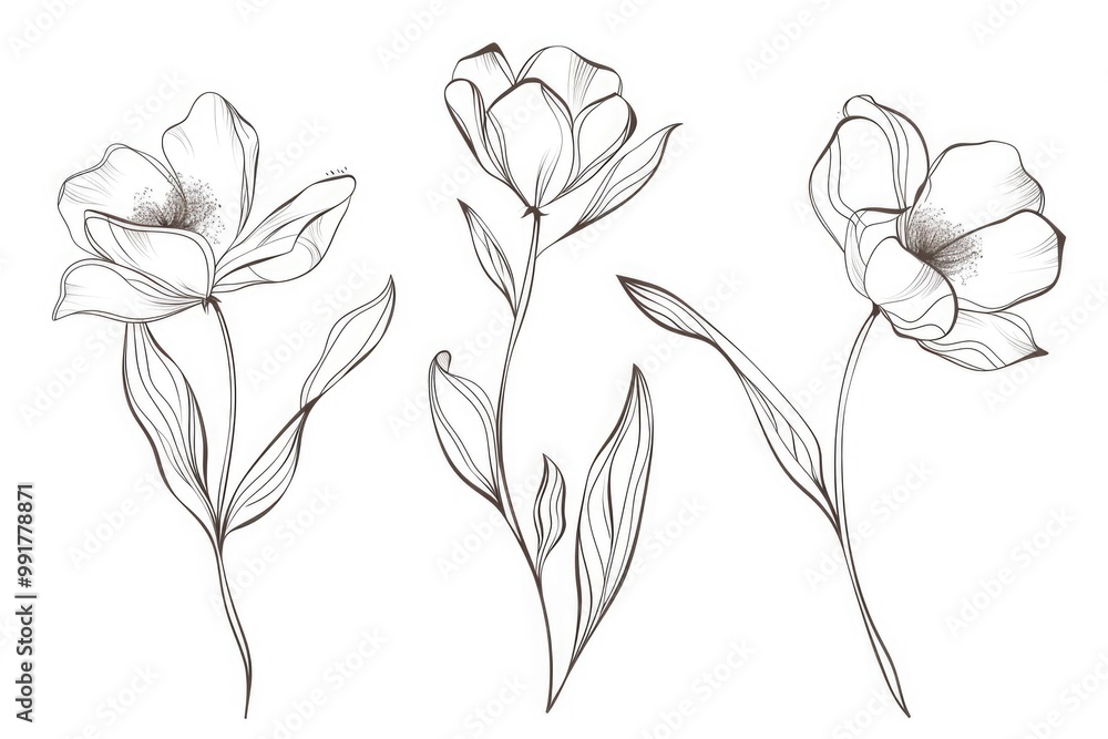 Aufkleber a simple still life image of three flowers on a white background, perfect for use in design projects