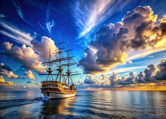 Majestic Stern Ship Sailing Through Calm Waters Under Bright Blue Sky and Fluffy White Clouds