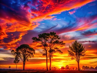 Majestic Sunset Silhouette of Trees Against a Vibrant Sky Creating a Serene Nature Scene