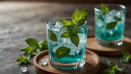 Refreshing mint green summer drink with ice and mint.