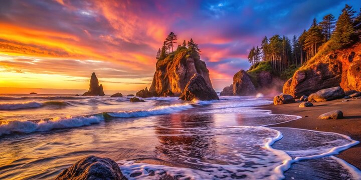 Majestic Ruby Beach in Washington State with Rugged Cliffs and Stunning Ocean Waves at Sunset