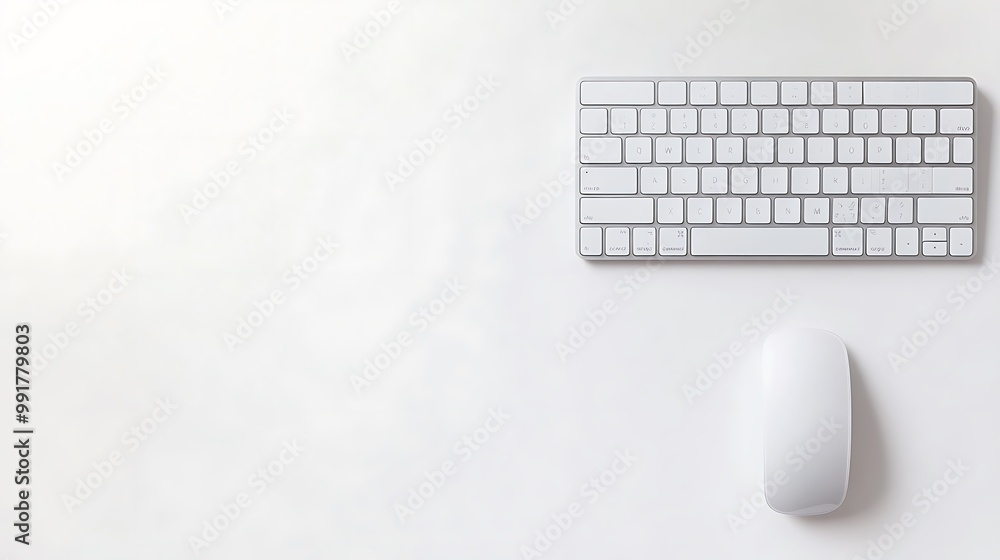 Poster white wireless keyboard and mouse on a white desk with copy space.