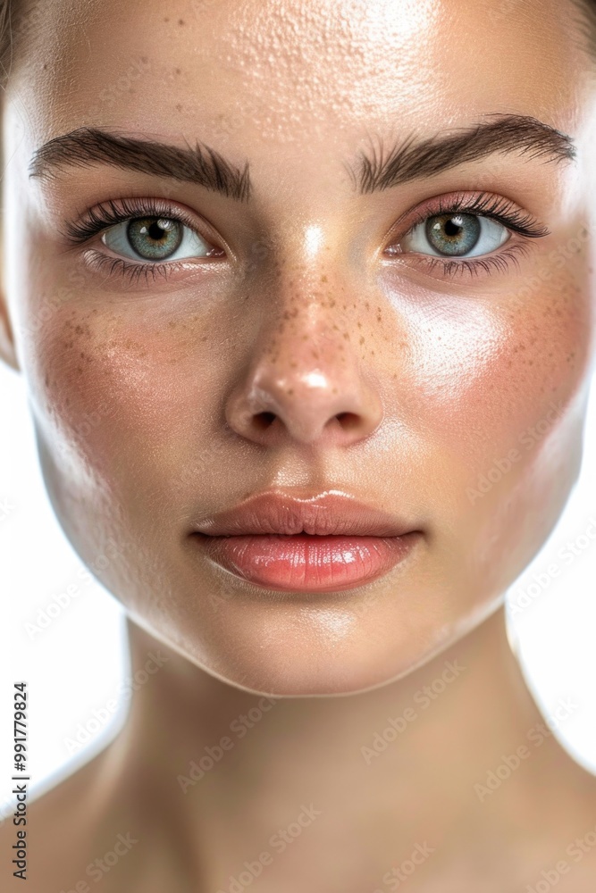 Wall mural Close-up portrait of a woman with freckles on her face