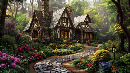 Fototapeta premium Charming tudor-style house in a lush forest with cobbled path and colorful flowers. Tudor Architecture. Illustration