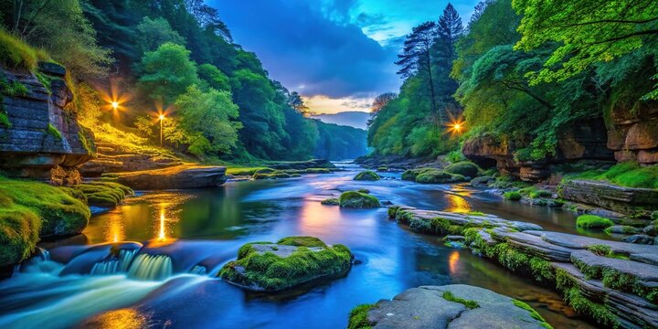 Majestic View of The Strid River Surrounded by Lush Greenery and Rocky Terrain in Nature