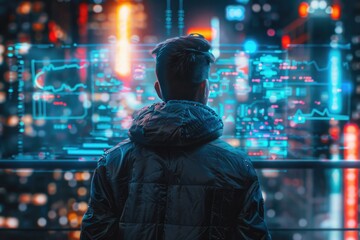 A person standing on the edge of a cityscape, illuminated by streetlights and building lights