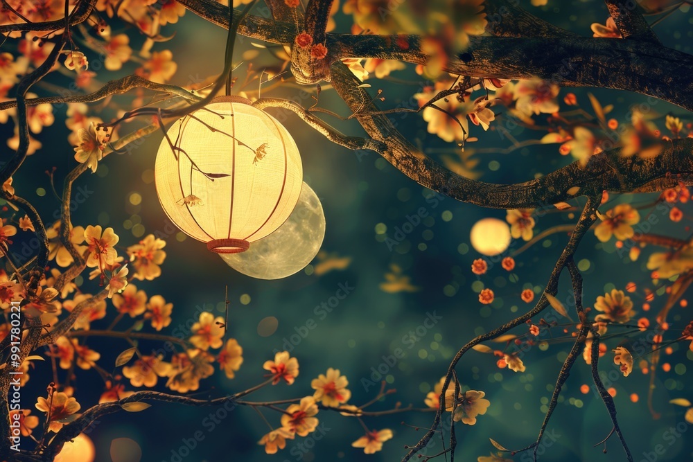 Poster a lantern hangs from a tree branch, illuminated by the bright light of a full moon in the night sky