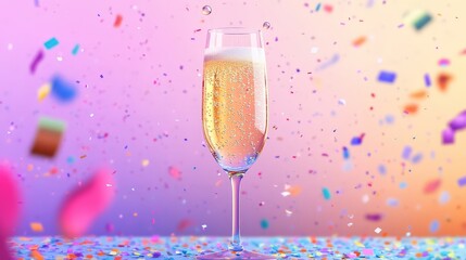 Elegant Celebration: Sparkling Champagne Glass with Bubbles and Confetti on Festive Table in Modern Stylized Vector Art